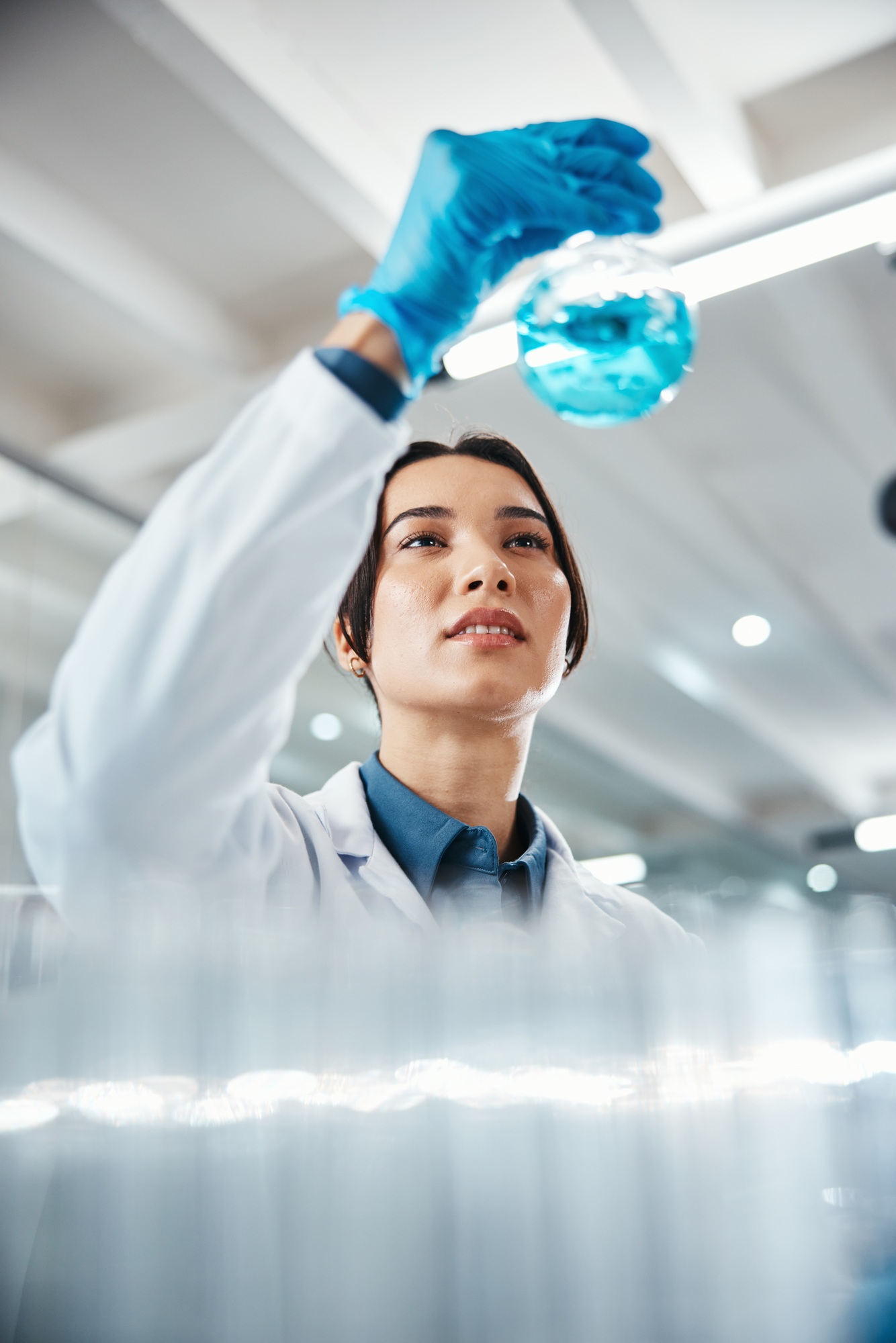 Chemical, reaction and science with woman in laboratory for breakthrough, innovation or research. B